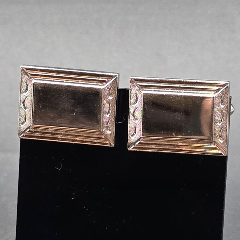Men's Rectangle Silver Tone Cuff Links Brushed Etched Vintage